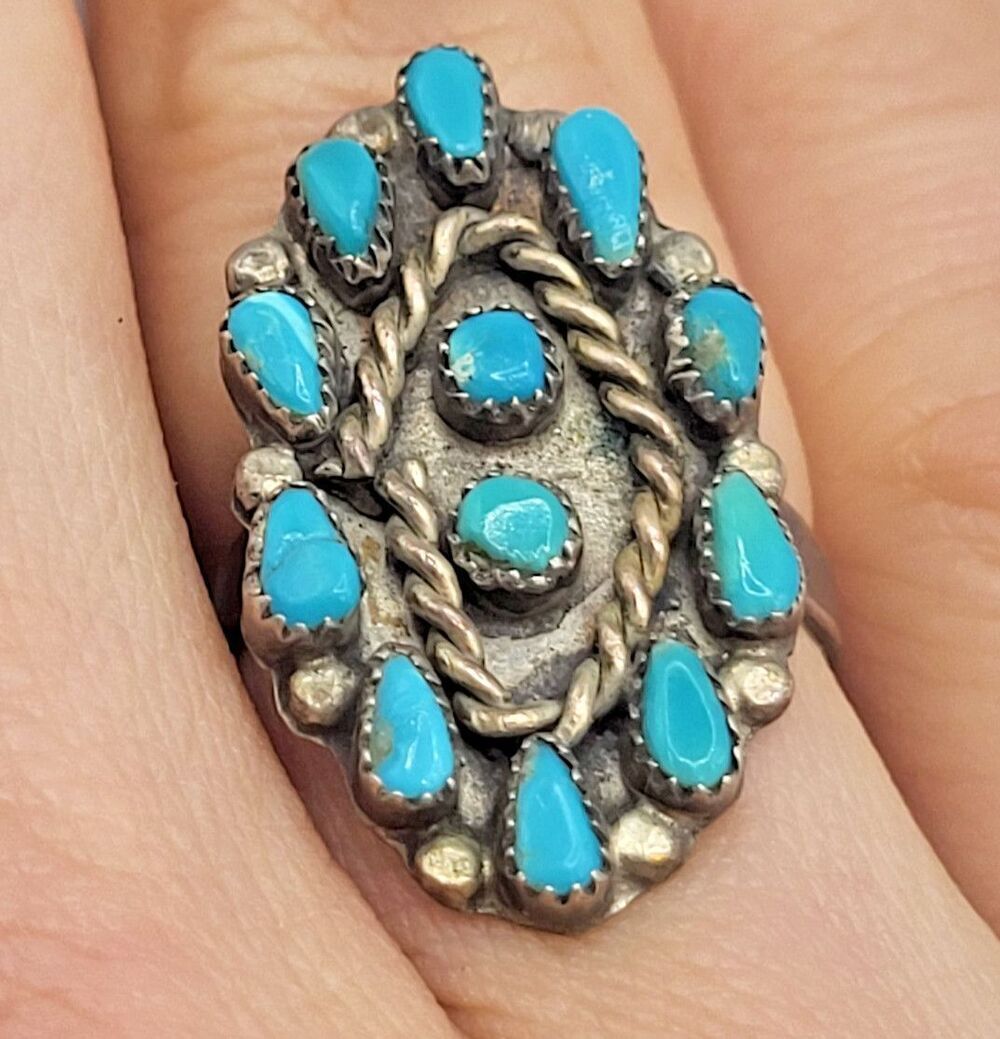 HUGE Vtg  Native American Navajo Silver Turquoise Cluster 1 " Long Ring sz 6.5